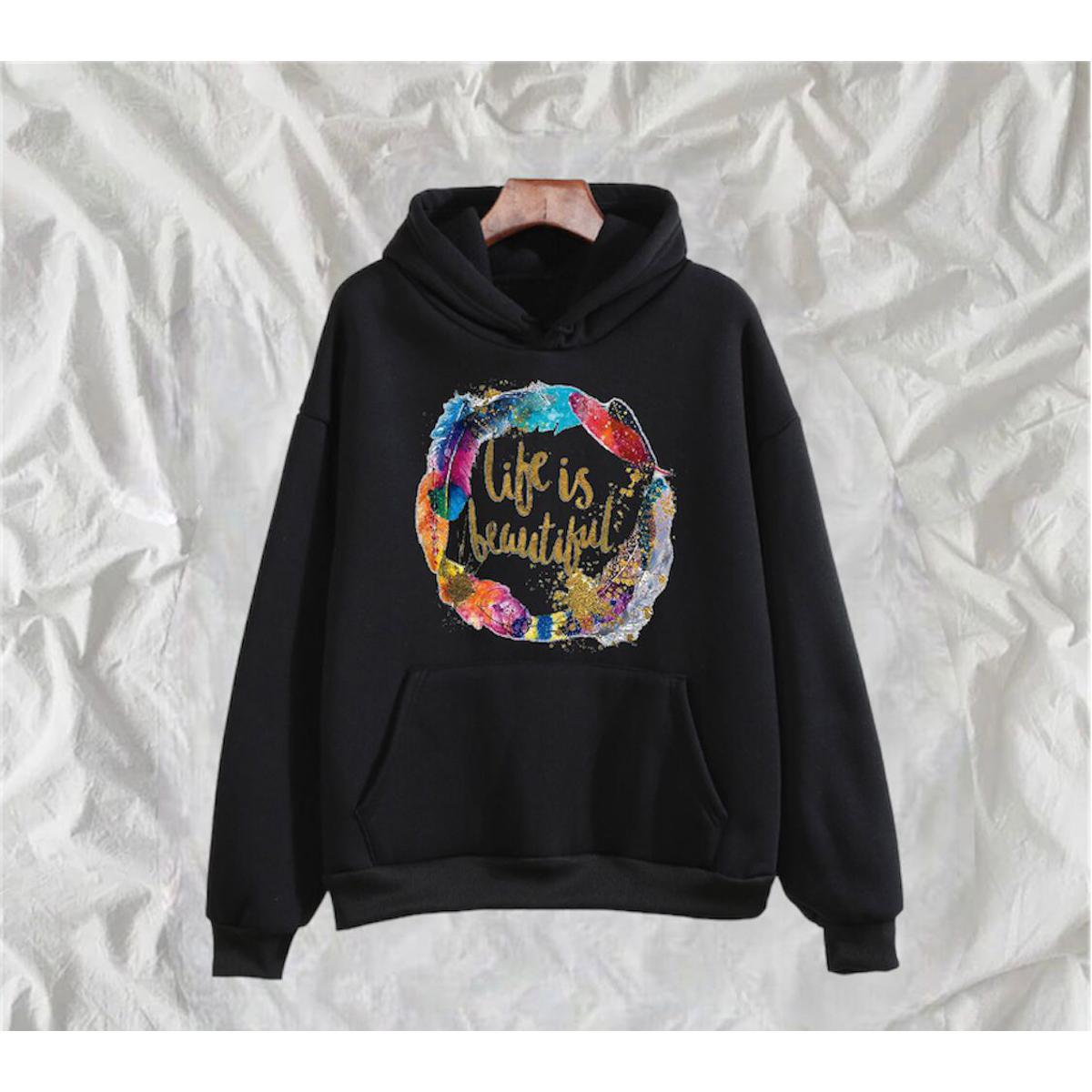 Life Is Beautiful Printed Fleece Full Sleeves Pull Over Hoodie For Women