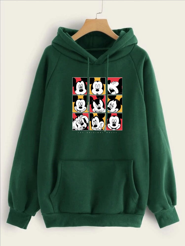 Mickey Mouse Face Printed Fleece Full Sleeves Pull Over Hoodie For Women