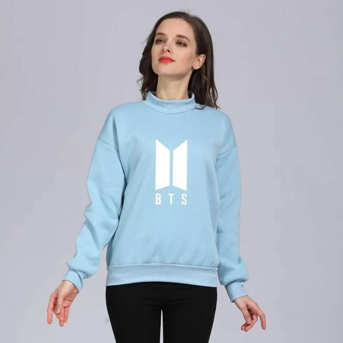 Sky Blue Fleece BTS Sweatshirt For Women - AceCart Warm Hooded Sweatshirt in Blue