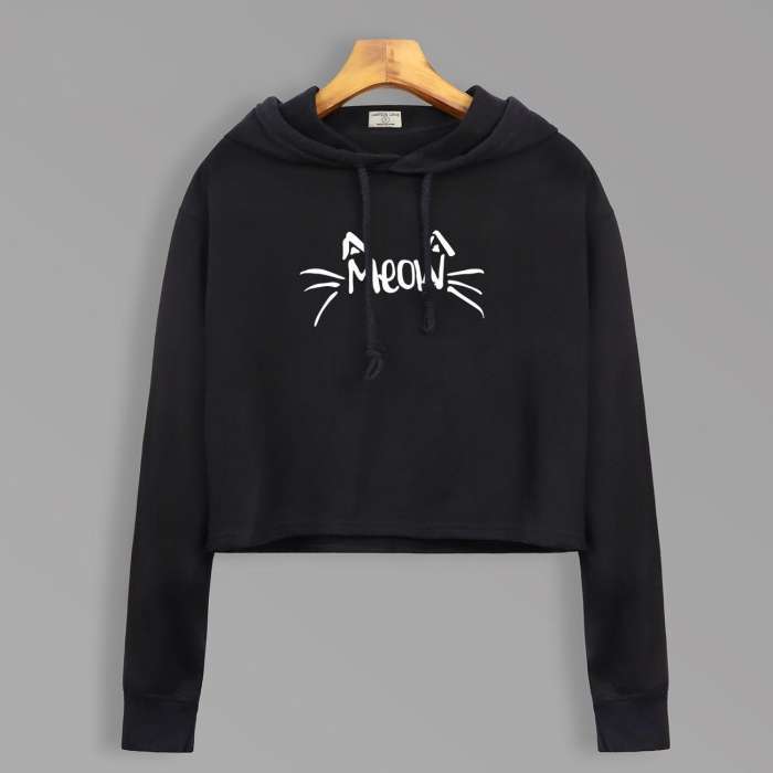 Har Maal Meow Crop Hoodie for women - AceCart Warm Hooded Sweatshirt in Black