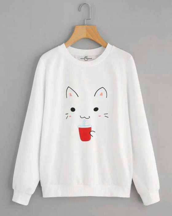 White Cat printed Sweat Shirt For Women 511 - AceCart Warm Hooded Sweatshirt in White