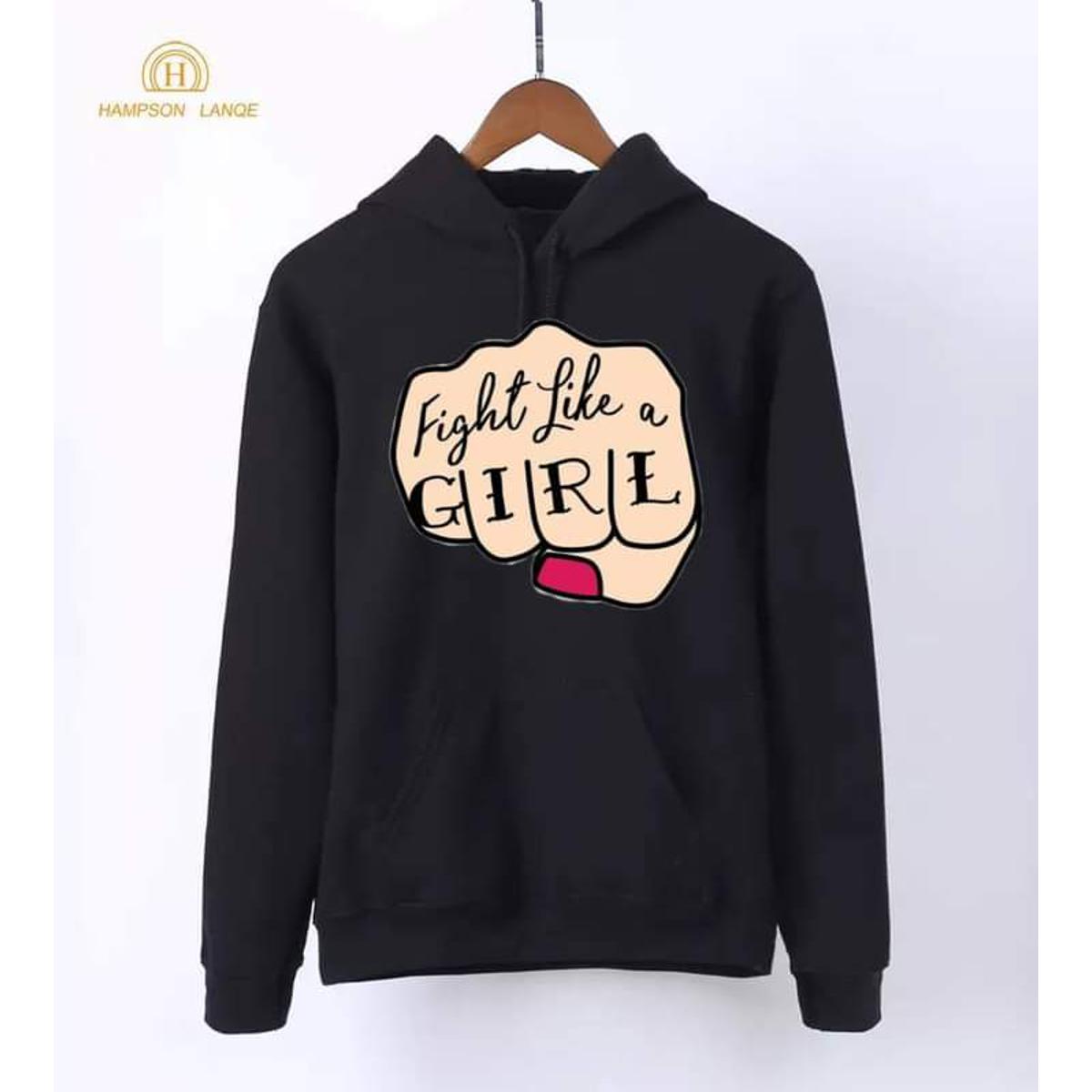 Fight Like A Girl Printed Fleece Full Sleeves Pull Over Hoodie For Women