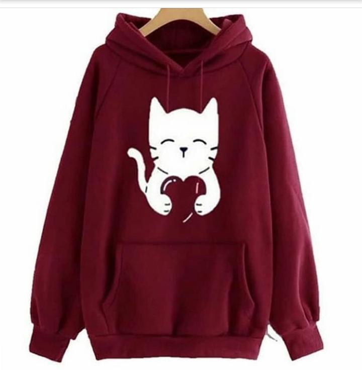 Maroon Cute Cat Printed Fleece Full Sleeves Pull Over Hoodie For Women