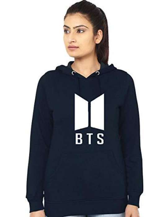 Navy Blue BTS Fleece Hoodie For Women Export Quality - AceCart Warm Hooded Sweatshirt in Navy Blue