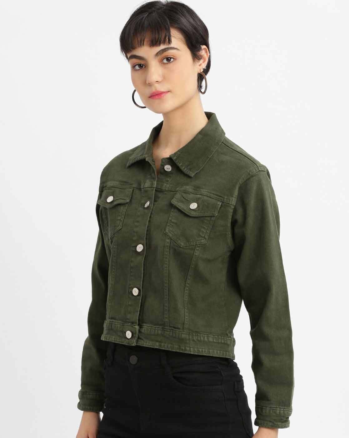 Women Olive Green Denim Jacket Side View - Ace Cart