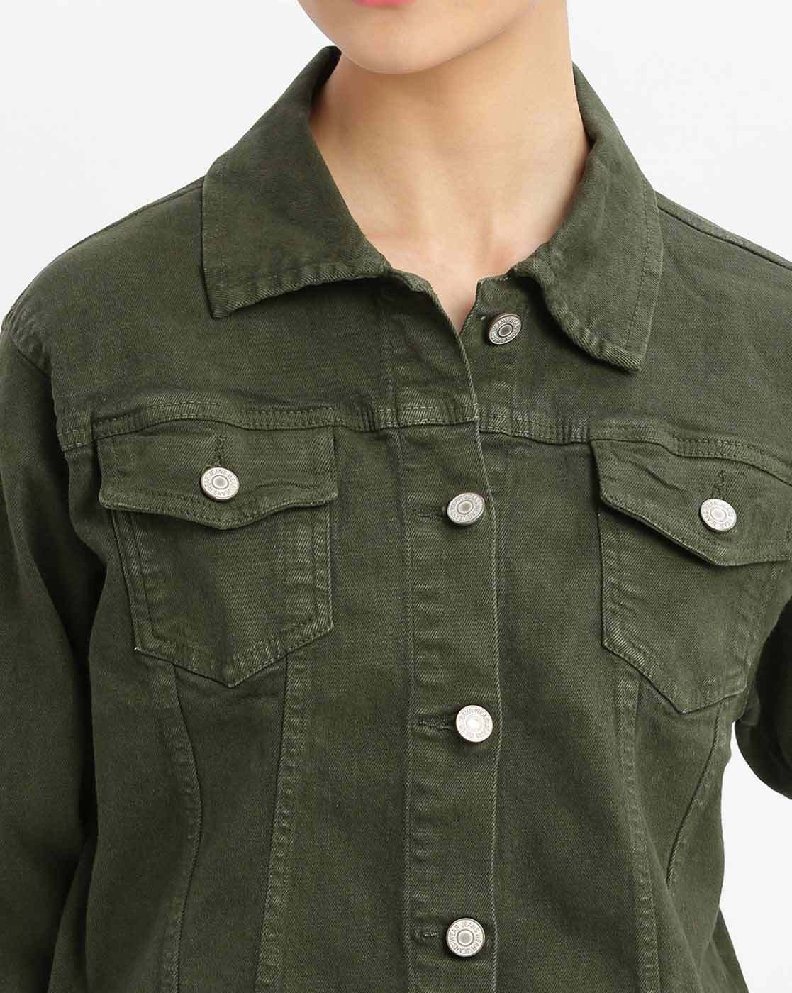 Women Olive Green Denim Jacket Close Up