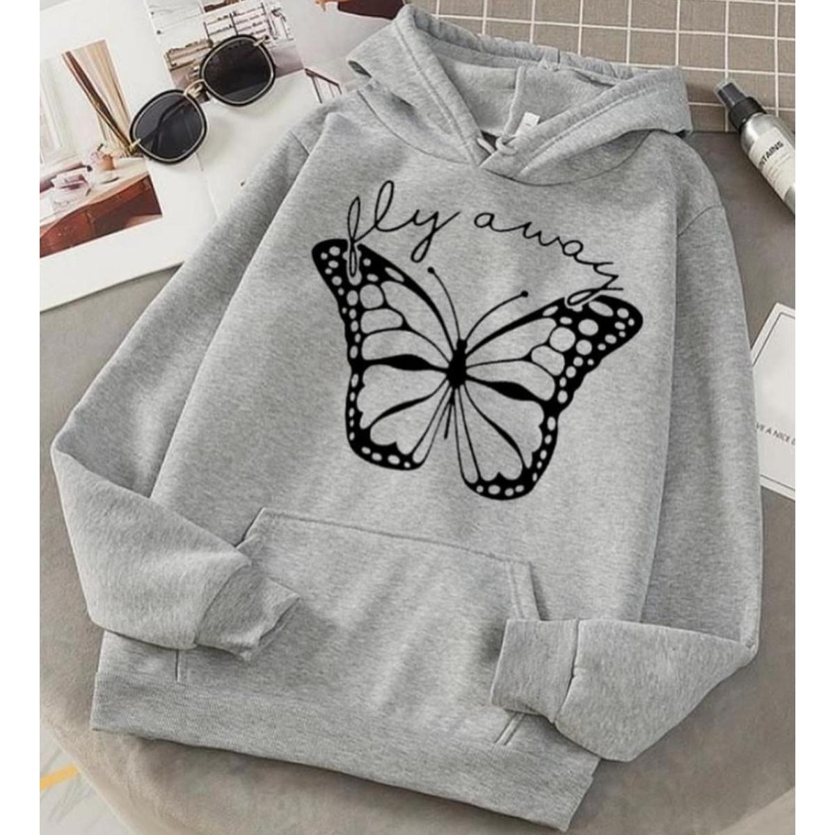 Fly Always Butterfly Grey Fleece Full Sleeves Pull Over Hoodie For Women