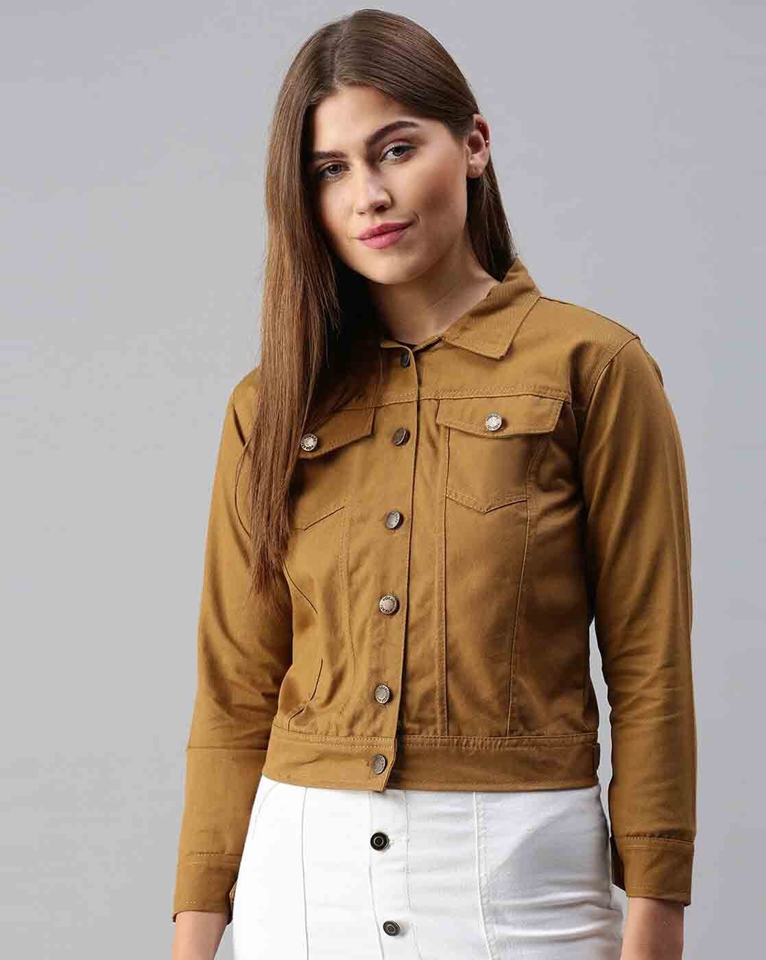 Women Khaki Denim Jacket Close Up - Ace Cart