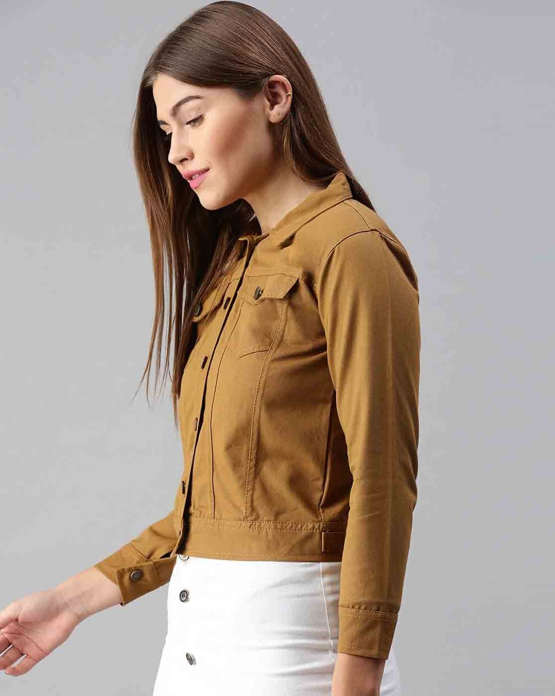 Women Khaki Denim Jacket Left View - Ace Cart