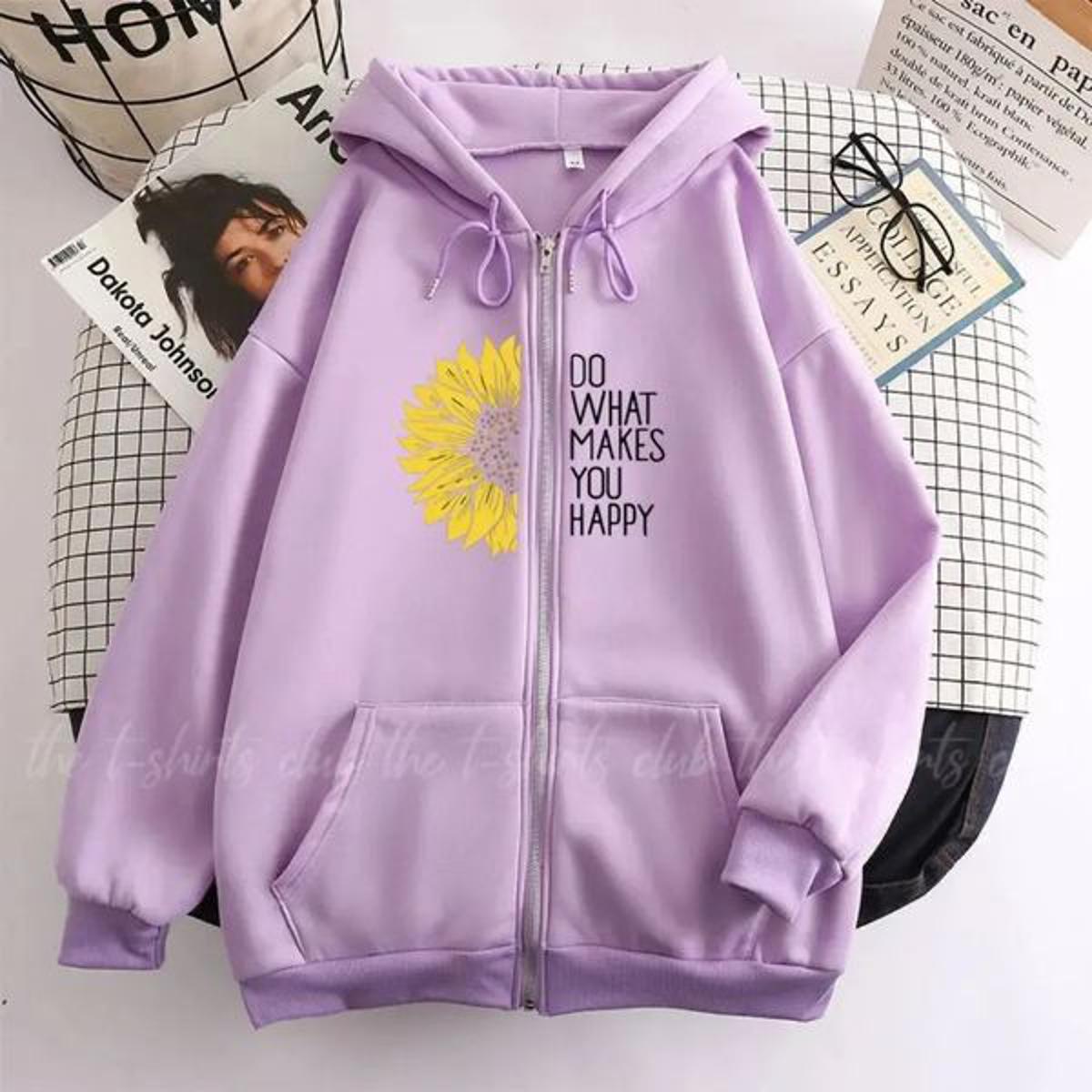 Lilac Do what Makes you Happy Fleece Full Seeves Zipper Hoodie For Women