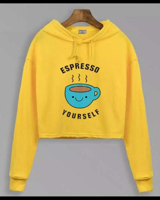 YELLOW COFFEE PRINTED CROPPED HOODIE FOR womens - AceCart Warm Hooded Sweatshirt in Yellow