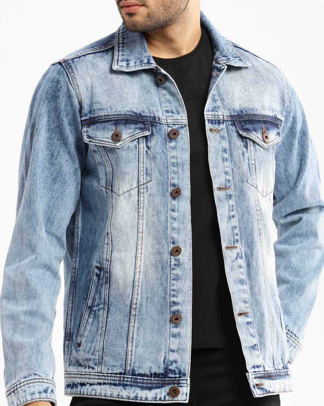 Men's Light Wash Denim Jacket Premium Quality Close up - Ace Cart