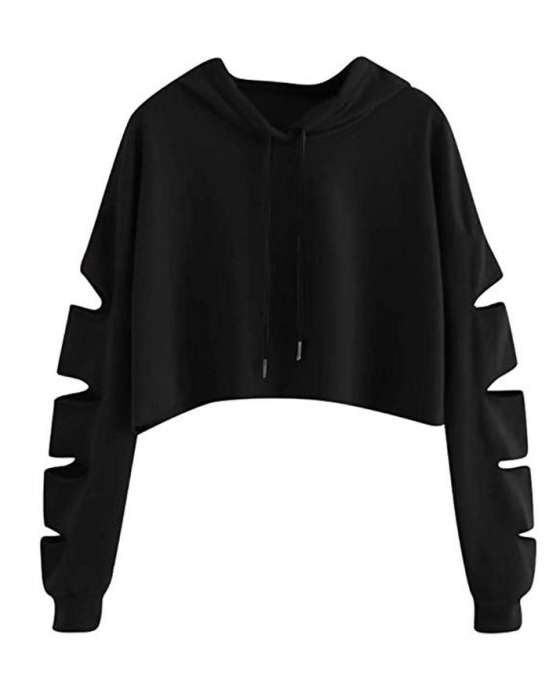 BLACK DAMAGE CROPPED HOODIE FOR womens - AceCart Warm Hooded Sweatshirt in Black