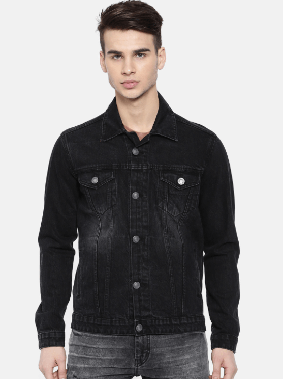 Mens Denim Jacket Black - Front View - AceCart