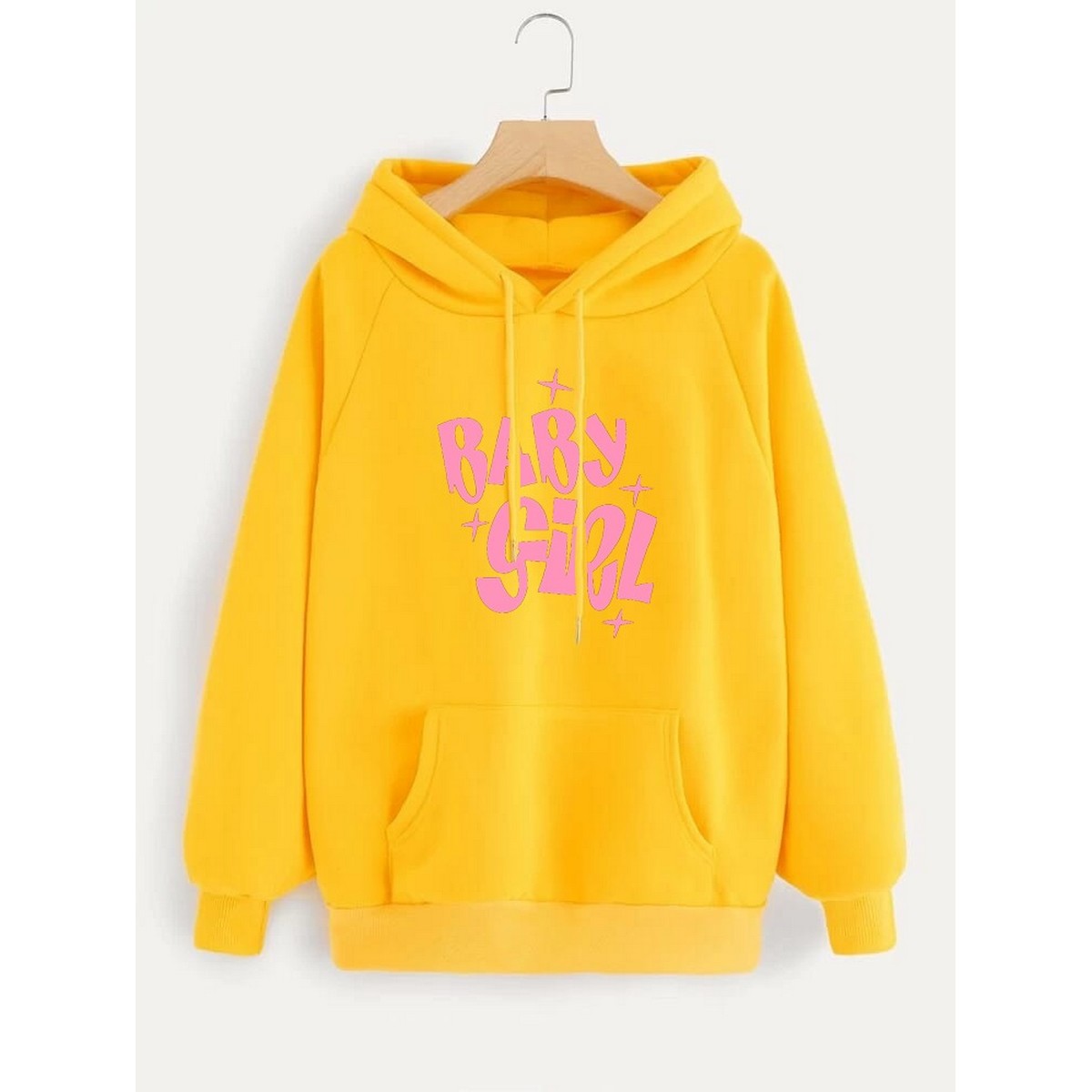 Yellow Baby Girl Printed Fleece Full Sleeves Pull Over Hoodie For Women