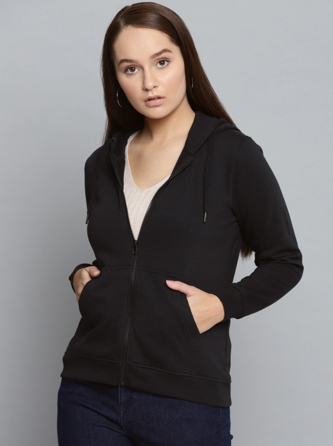 Ace Women Black Solid Hooded Zipper New Edition