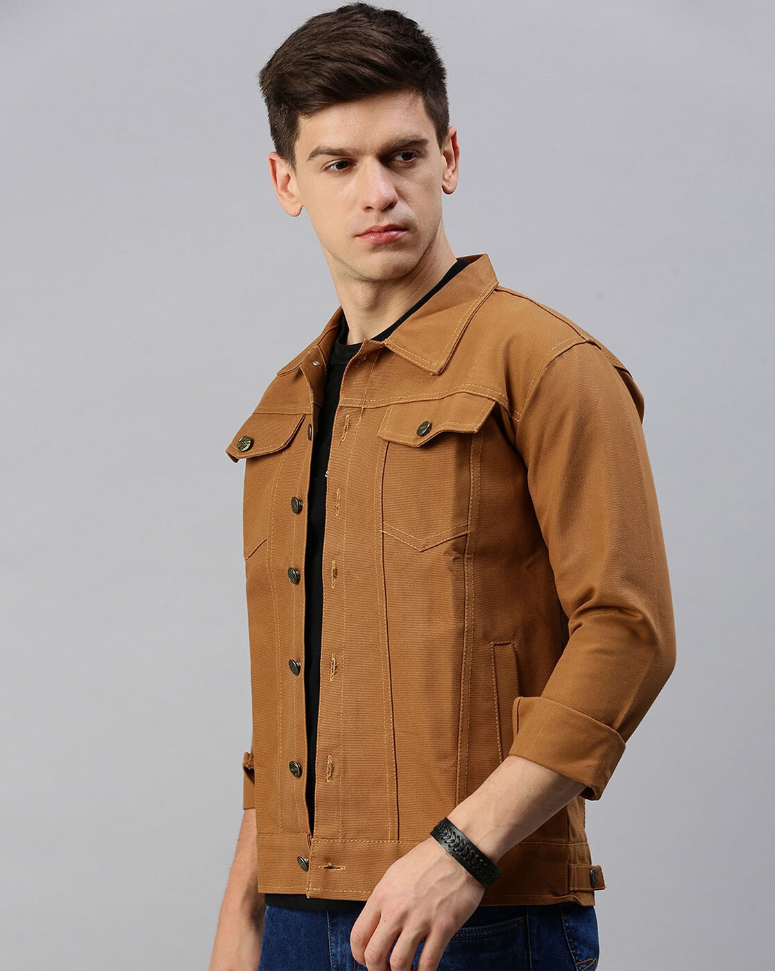 Men's Khaki Denim Jacket Premium Quality SIde View - Ace Cart