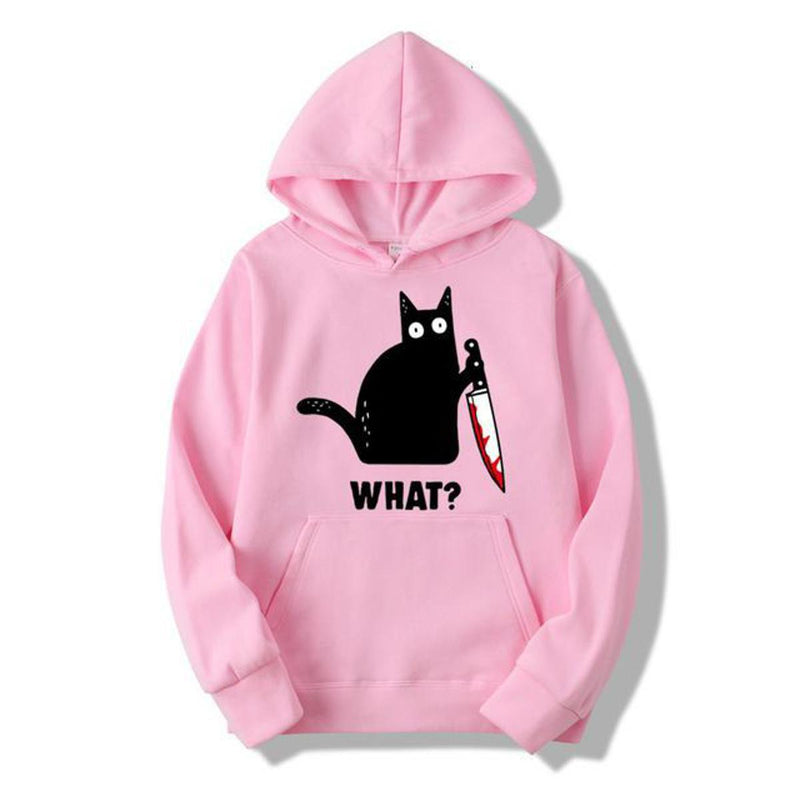 Cat What Printed Fleece Full Sleeves Pull Over Hoodie For Women