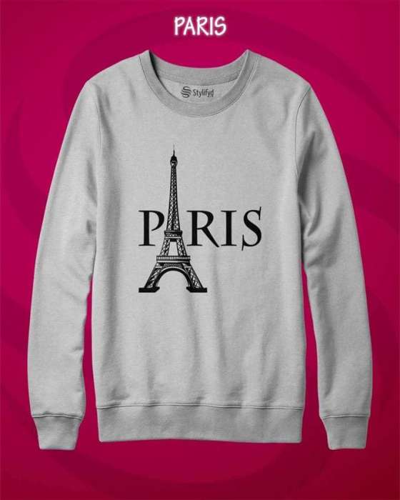 Grey Paris Printed Sweat Shirt For womens - AceCart Warm Hooded Sweatshirt in Grey