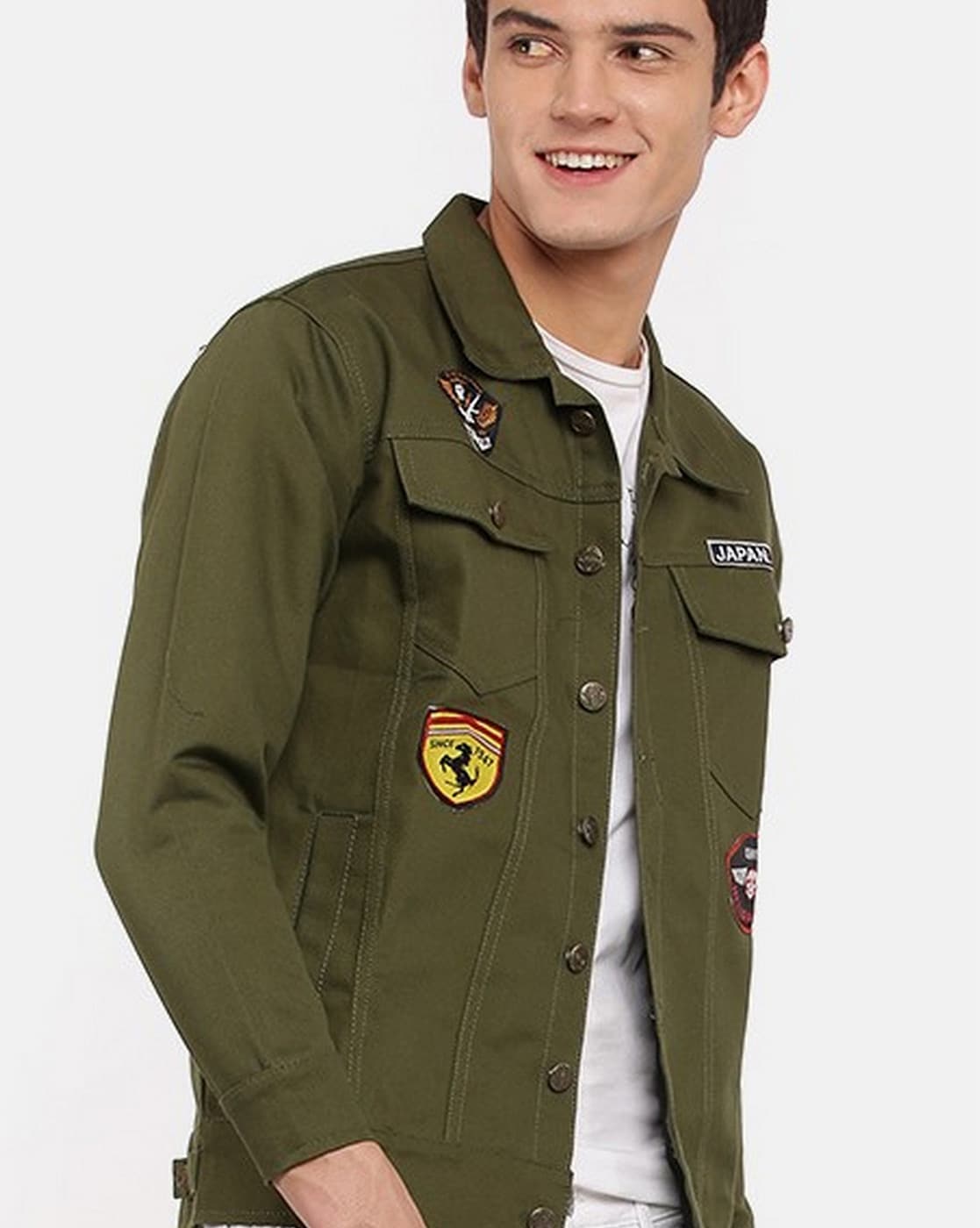 Men's Olive Green Badges Denim Jacket Premium Quality Side View