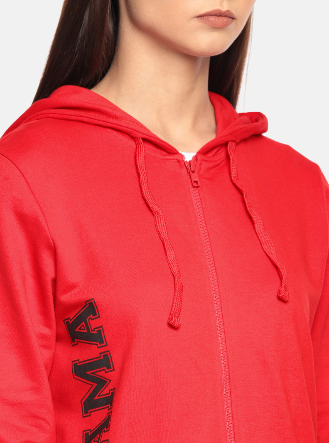 Ace Drama Women Red Solid Hooded Sweatshirt