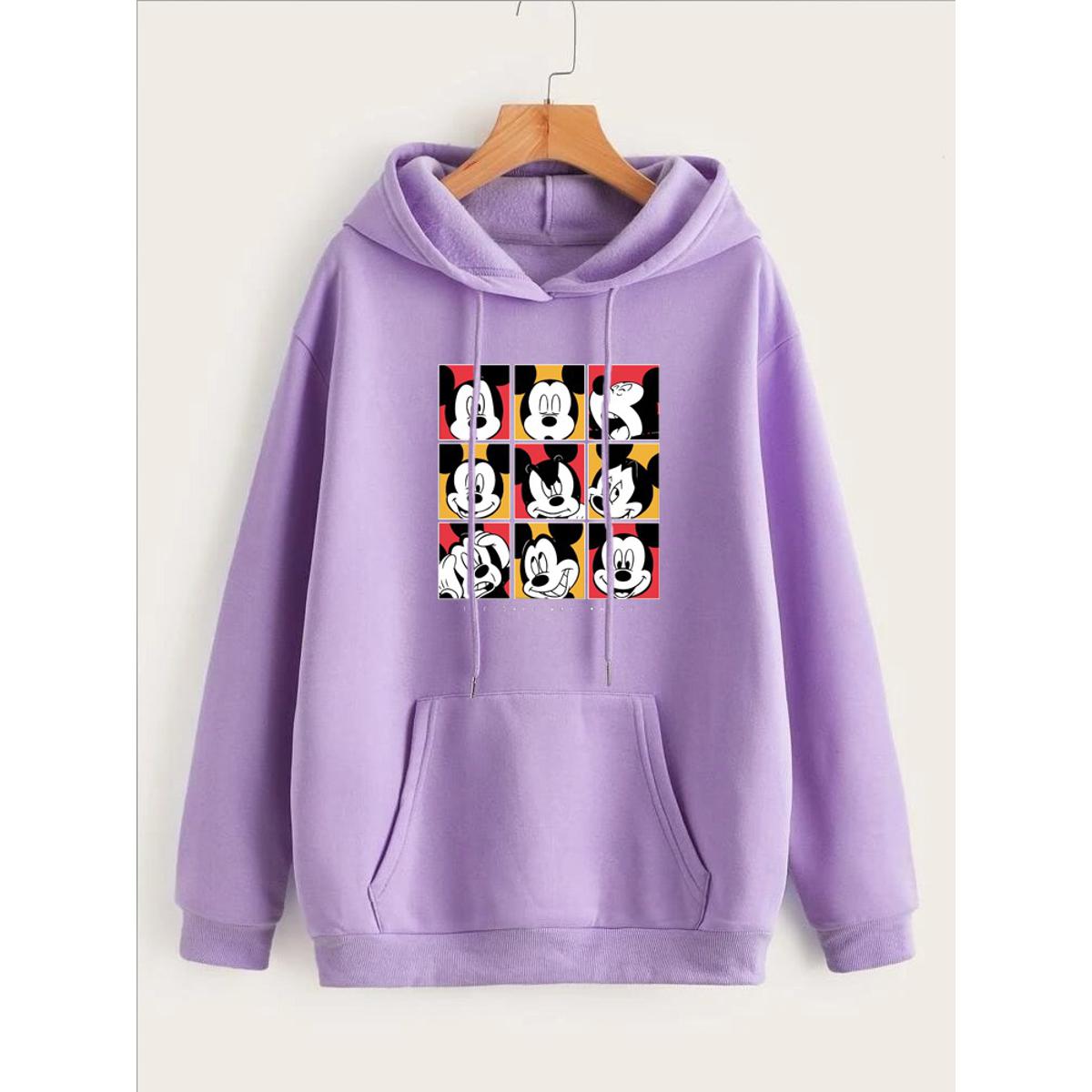 Mickey Mouse Face Printed Fleece Full Sleeves Pull Over Hoodie For Women