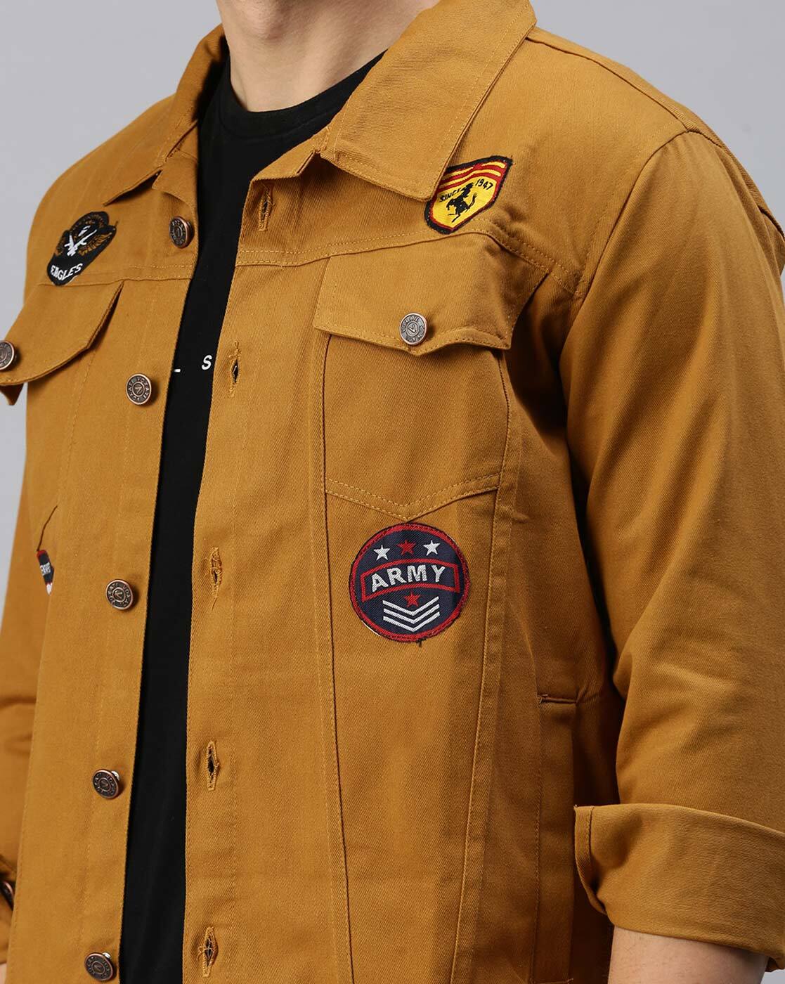 Men's Khaki Badges Denim Jacket Premium Quality Close up - Ace Cart