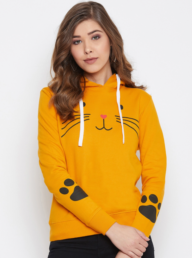 Ace Women Mustard Yellow Meow Printed Hoodie