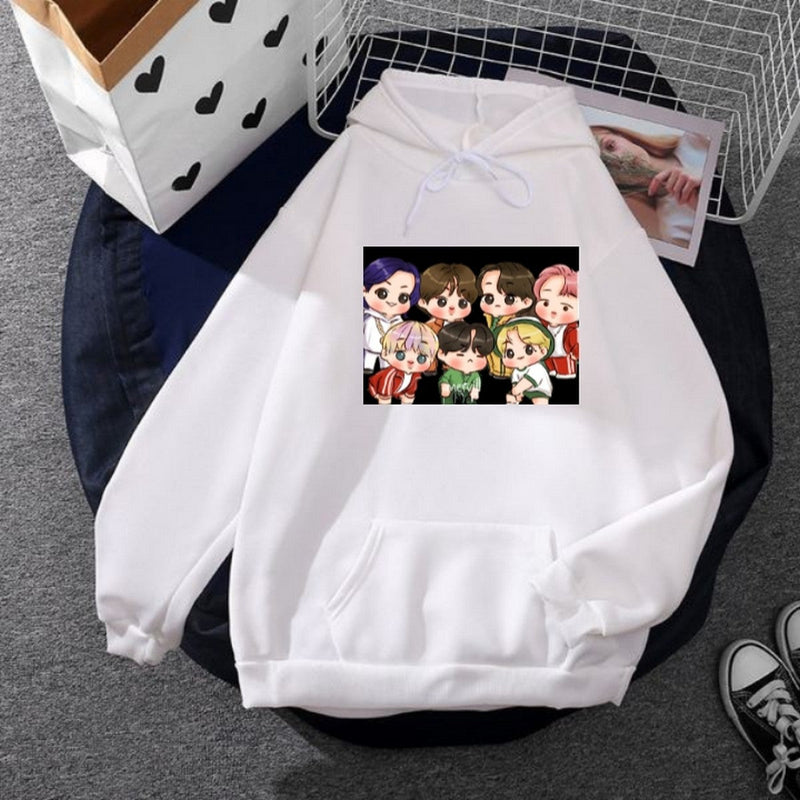 BTS Anime Fleece Full Sleeves Pull Over  Hoodie For Women