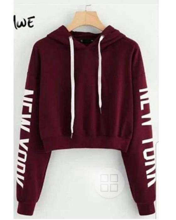 MAROON NEW YORK CROPPED HOODIE FOR WOMEN - AceCart Warm Hooded Sweatshirt in Maroon