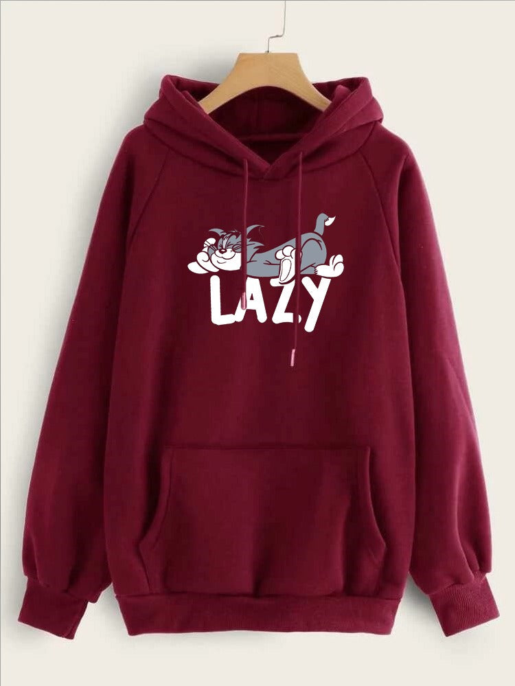 Lazy Tom Printed Fleece Full Sleeves Pull Over Hoodie For Women