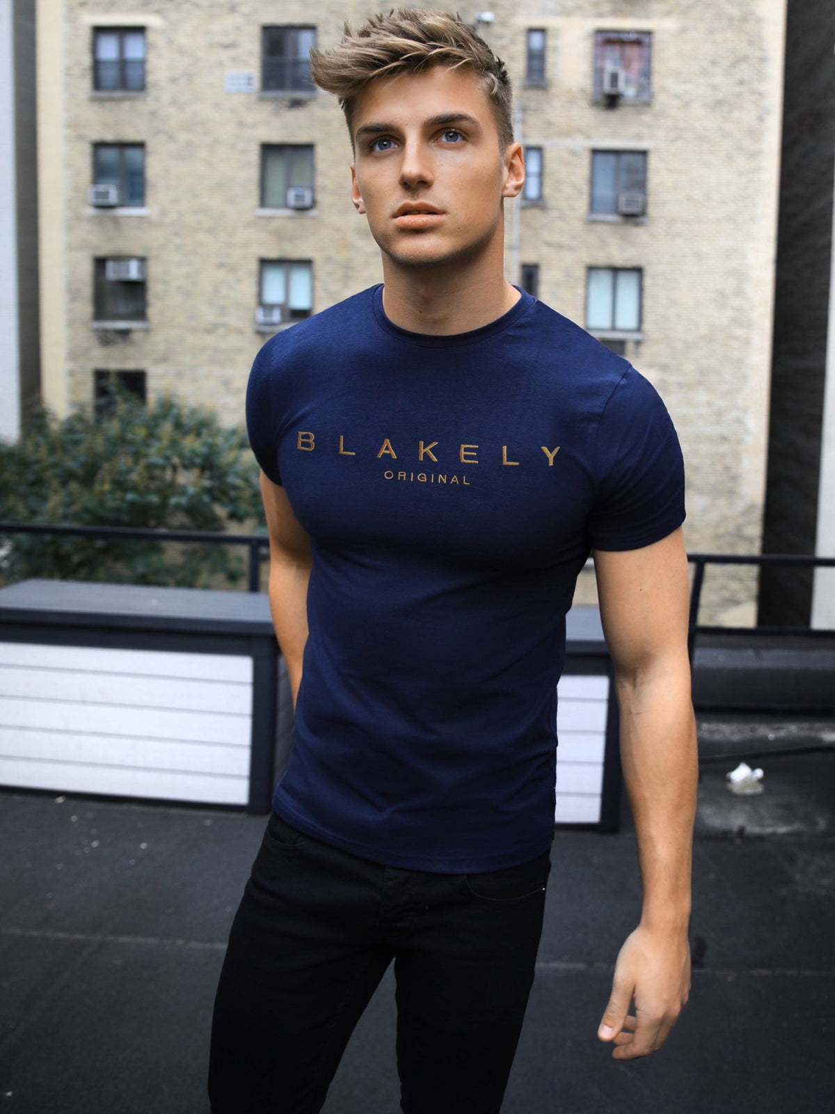 Blakly Gold Printed Navy Blue Mens Cotton T-Shirt