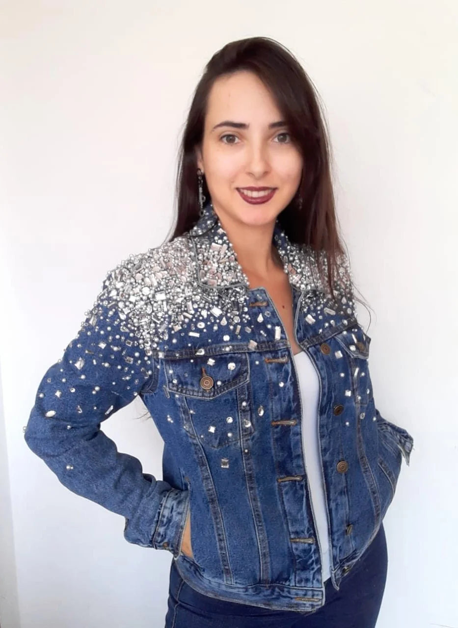 Women Crystals Light Blue Denim Jacket Side View - Ace Cart