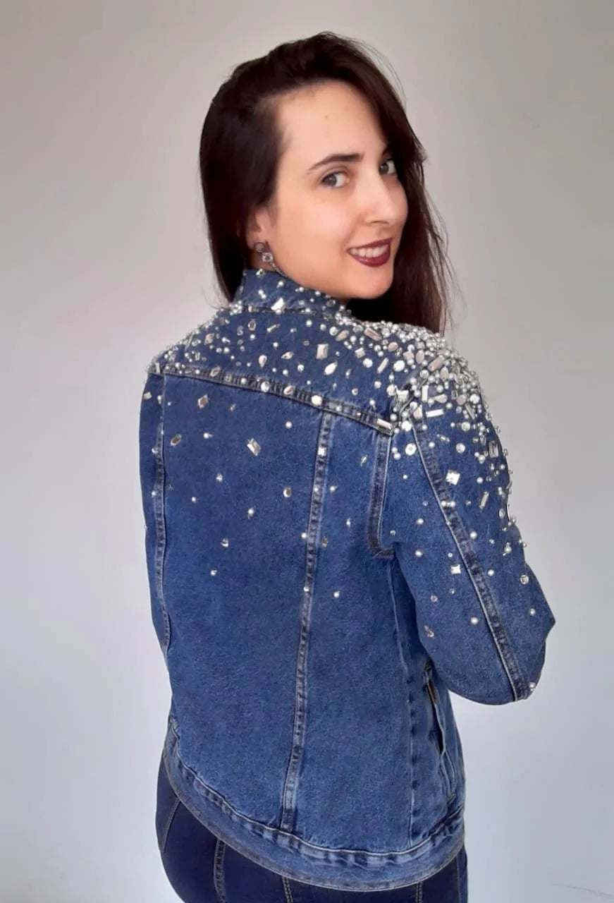 Women Crystals Light Blue Denim Jacket Back View - Ace Cart