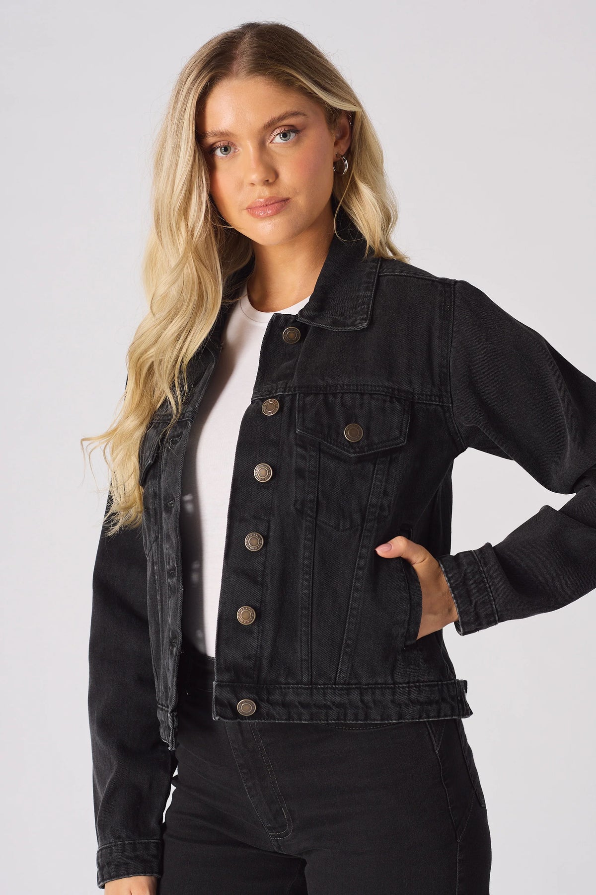 Women Sherpa Fur Collar Black Denim Jacket Front View