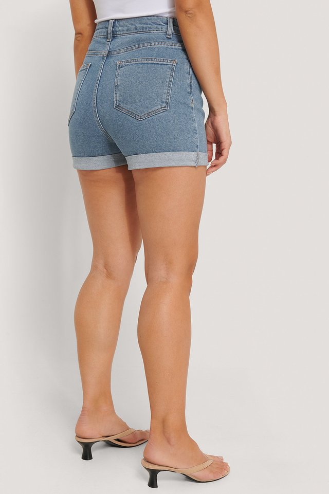 Highwaisted Denim Shorts Blue For Womens  - Left Side View - AceCart