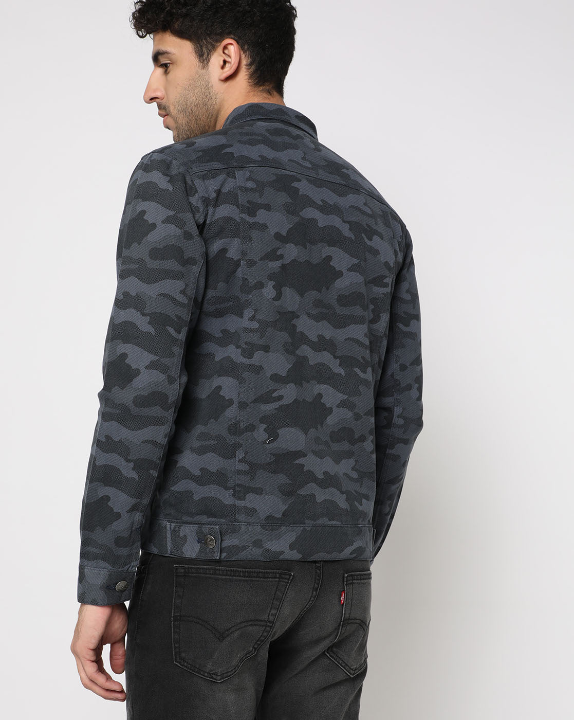 Men's Black Camouflage Denim Jacket Premium Quality Back View - Ace Cart