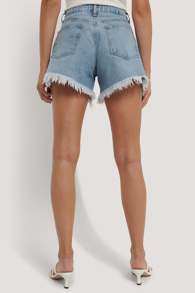 Tasseled Denim Shorts Blue For Womens  - Left Side View - AceCart