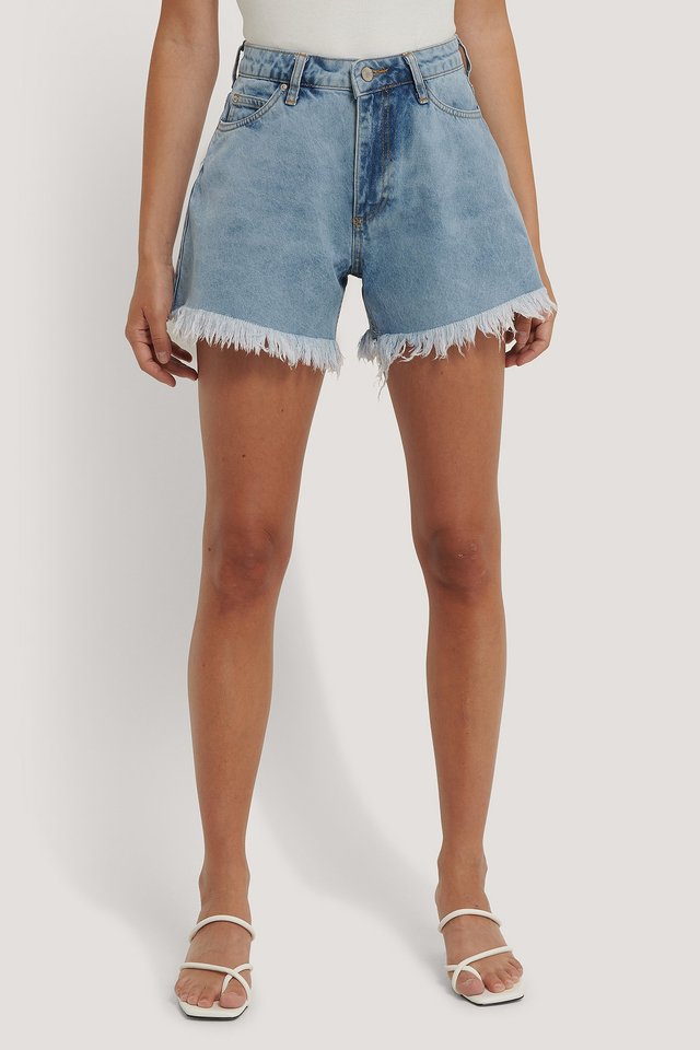 Tasseled Denim Shorts Blue For Womens  - Right Side View - AceCart