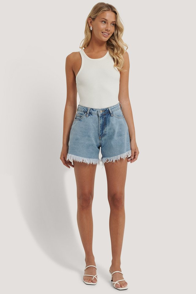 Tasseled Denim Shorts Blue For Womens  - Side View - AceCart