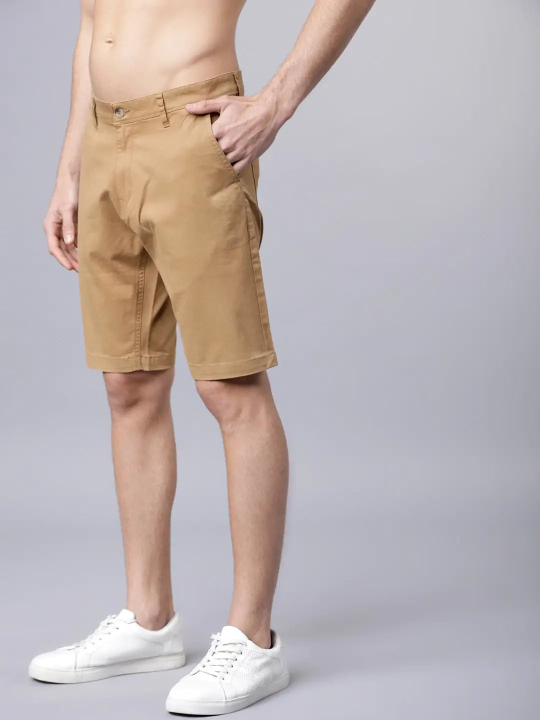 Men Khaki Solid Slim Fit Regular Shorts - Back View - AceCart