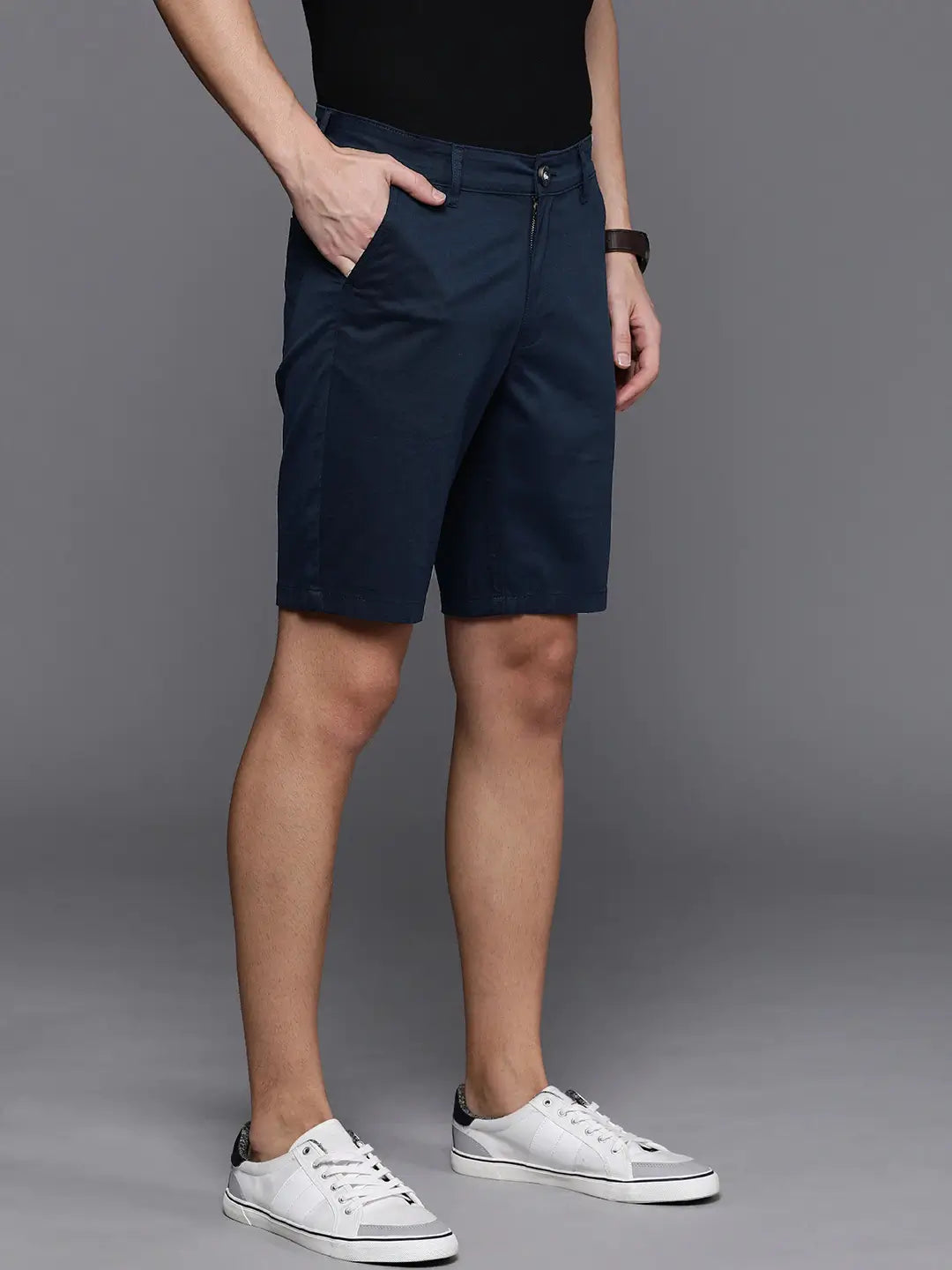 Men Navy Blue Solid Slim Fit Chino Shorts - Back View - AceCart