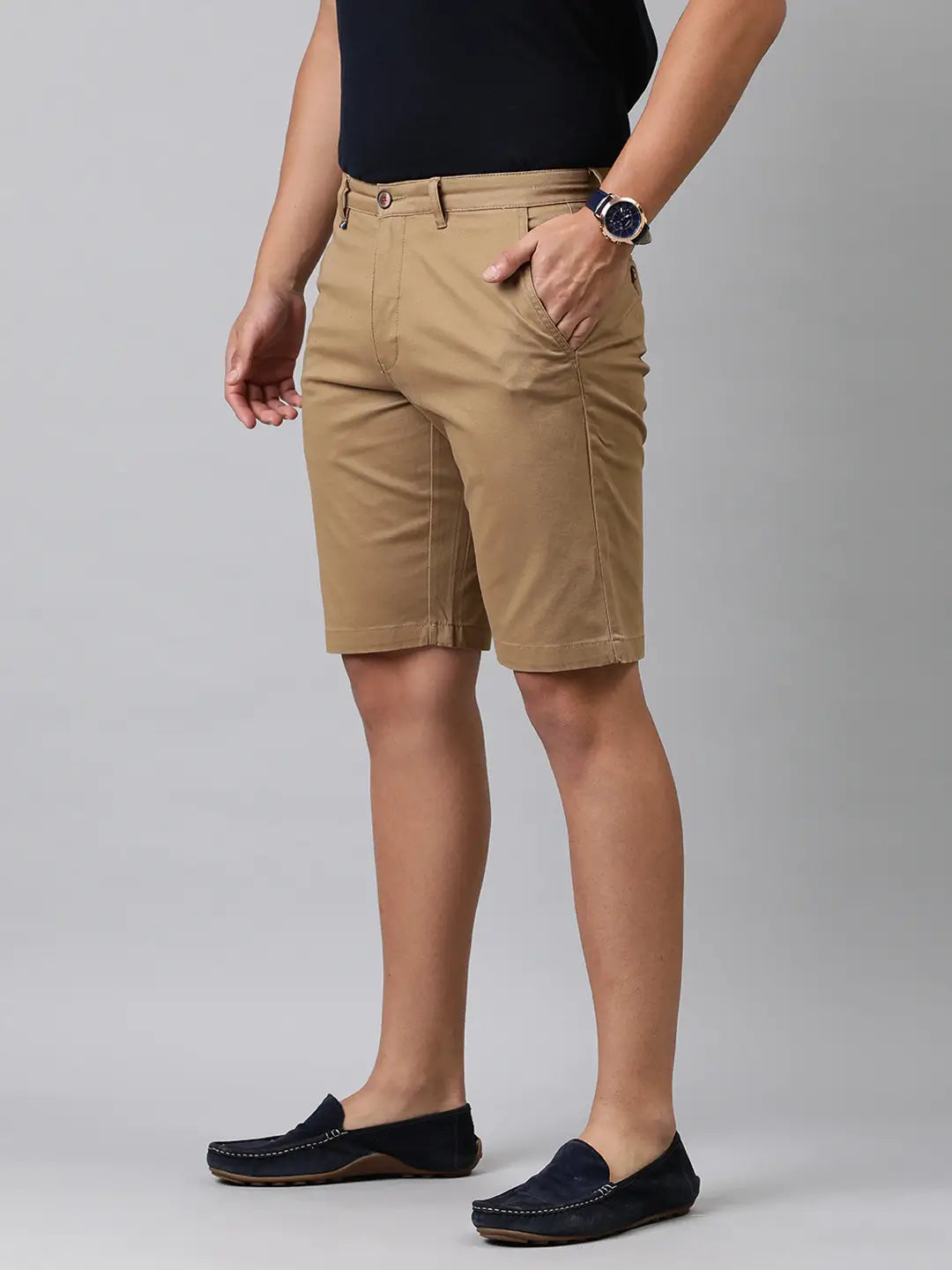 Men Khaki-Coloured Solid Slim Fit Regular Shorts - Back View - AceCart