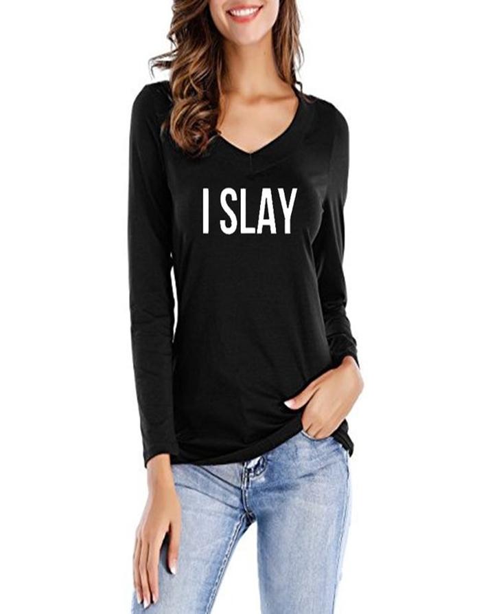 Black I Slay Printed T-Shirt For Her - Front View - AceCart