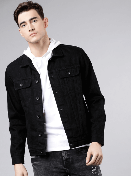 Mens Denim Jacket Black - Front View - AceCart