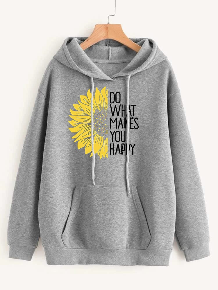 Do WHat Makes You Happy Printed Fleece Full Sleeves Pull Over Hoodie For Women