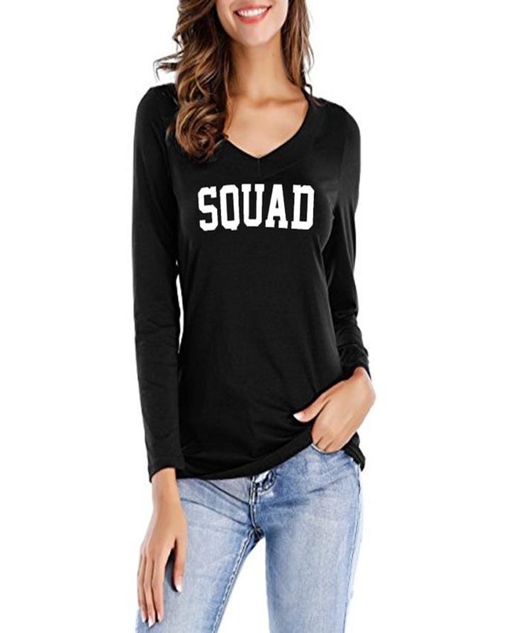 Black Squad Printed T-Shirt For Her - Front View - AceCart