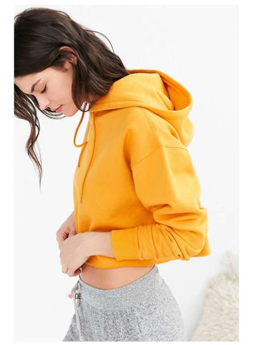 Fleece Crop pull Over Plan Hoodie 213 - AceCart Warm Hooded Sweatshirt in Yellow