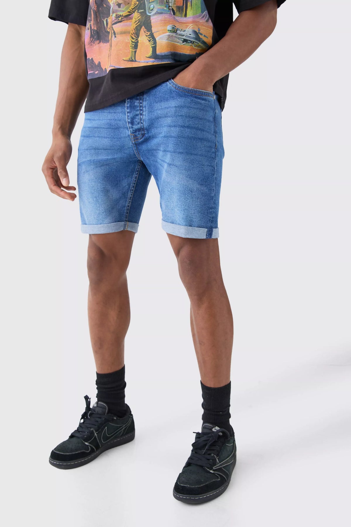 Skinny Stretch Denim Shorts In Mid Blue