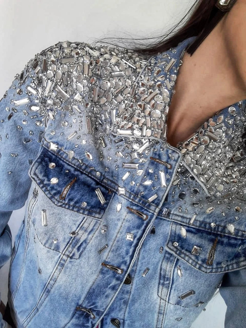 Women Silver Crystals Denim Jacket Front View - Ace Cart